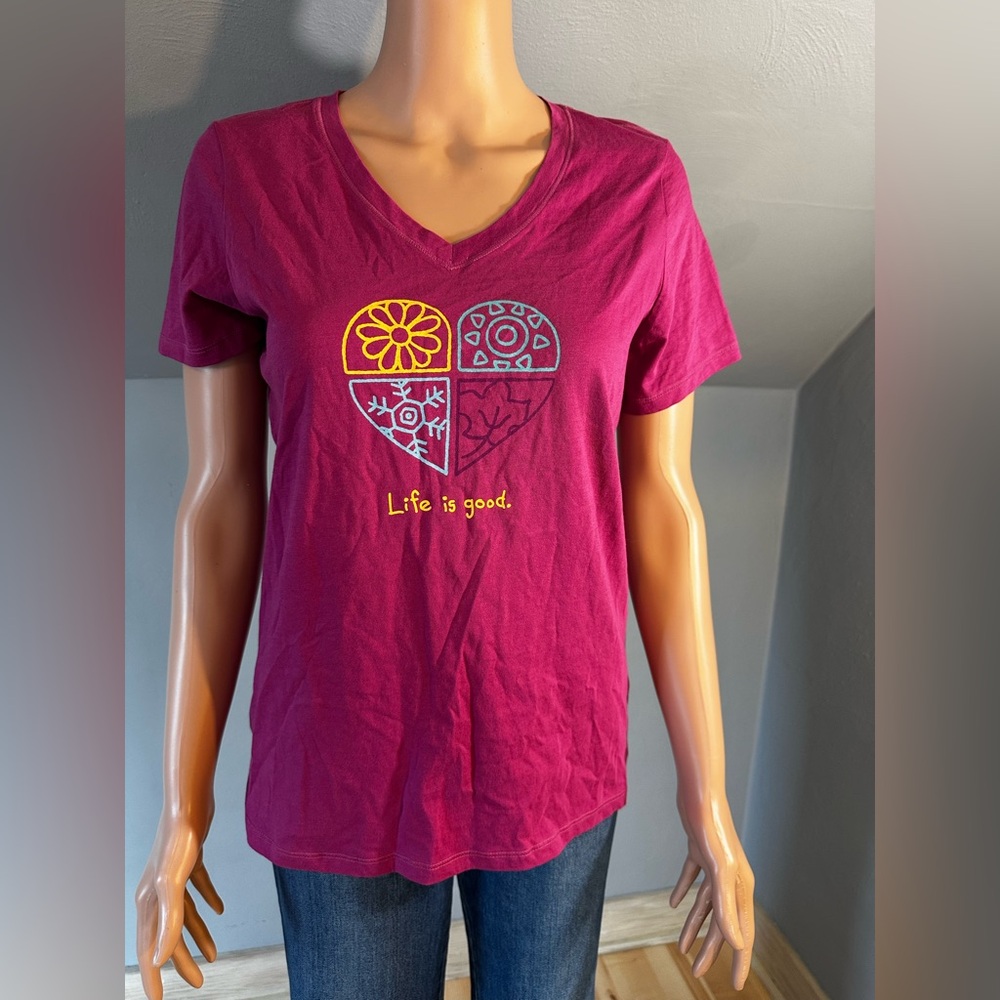Life is Good Heart Graphic Tee Pink V-Neck Short Sleeve T-Shirt | Size Small NWT